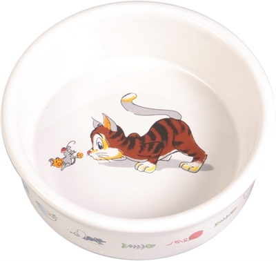 Trixie voerbak / waterbak stripkat met muis keramiek wit 200ml