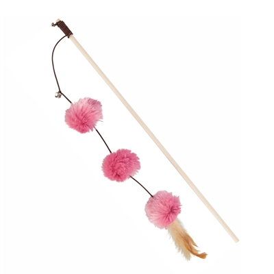 Trixie speelhengel pompomballen hout / pluche met valeriaan roze