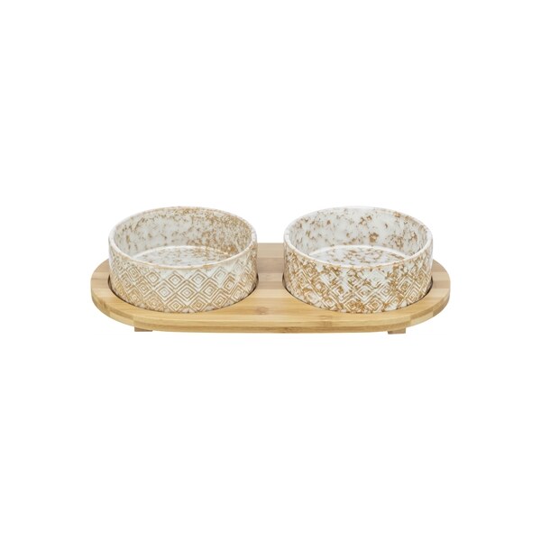 Trixie set voerbak / waterbak keramiek / bamboe wit / natuur 300ml